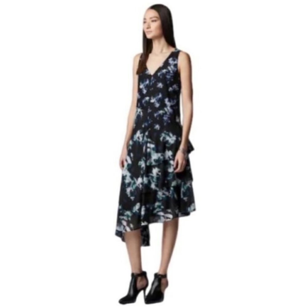 Simply Vera Wang Women Black Floral V Neck Sleeveless Ruffle Midi Dress Sz L New